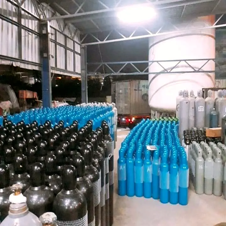 Many blue and black gas cylinders lined up in a warehouse with a large white storage tank behind