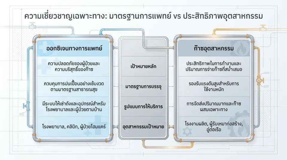 Comparison table of medical oxygen and industrial gases by main goal, filling standard, service model and target customers such as hospitals, clinics and home-care patients versus factories, contractors and shipyards