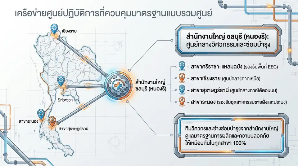 Map of Thailand showing the Chonburi (Nong Ri) head office as the engineering and maintenance centre, linked to the Sriracha–Laem Chabang, Chiang Rai, Surat Thani and Ranong branches