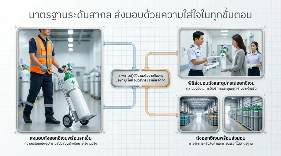 Delivery illustrations: a worker moving an oxygen cylinder on a hand truck, handover of oxygen cylinders and equipment to a customer, and a warehouse of cylinders ready for delivery